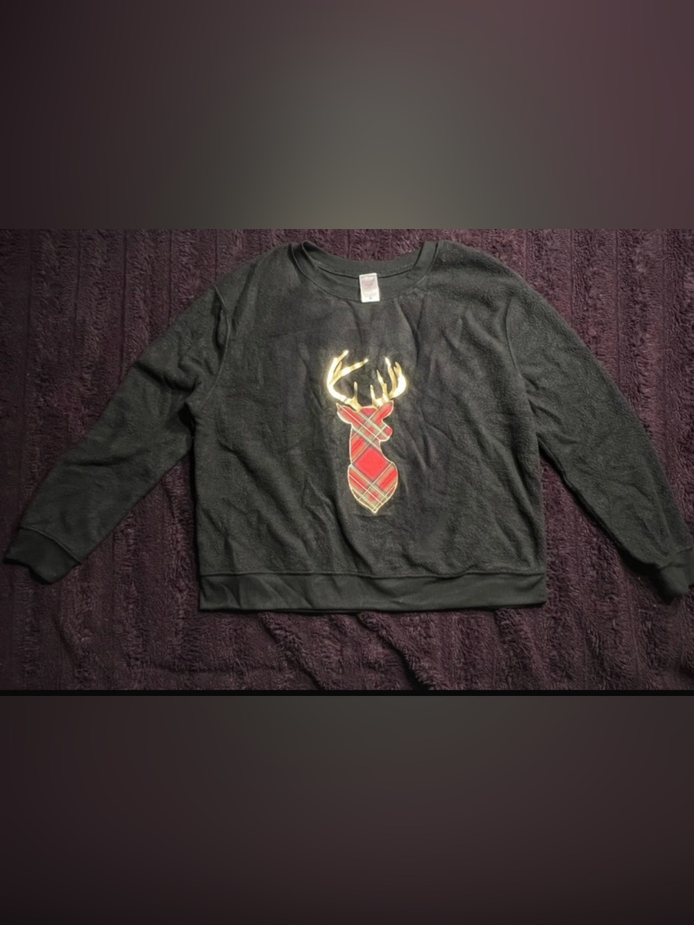 Black Crewneck Sweater with Plaid Deer Motif